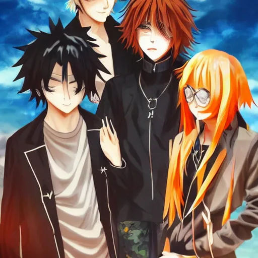 Prompt: orange - haired anime boy, 1 7 - year - old anime boy with wild spiky hair + 1 7 - year - old pale - skinned persian girl with black hair long bob cut, long bangs, black gothic jacket, ultra - realistic, sharp details, subsurface scattering, blue sunshine, intricate details, hd anime, 2 0 1 9 anime