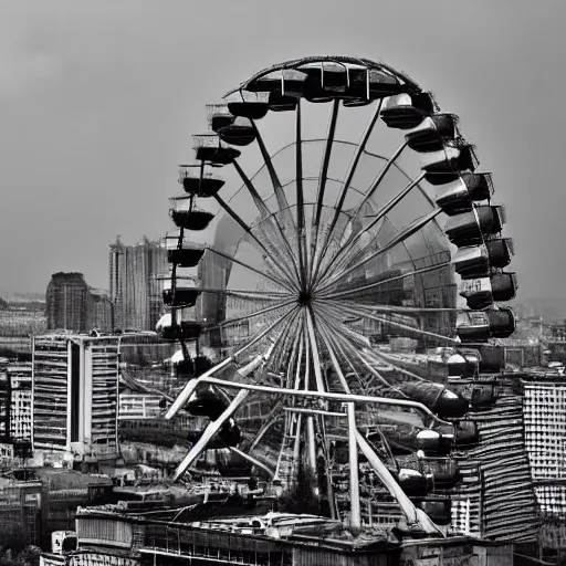 Prompt: A ruined city floating, in the sky, metropolises, modern, overgrown, a giant Ferris wheel