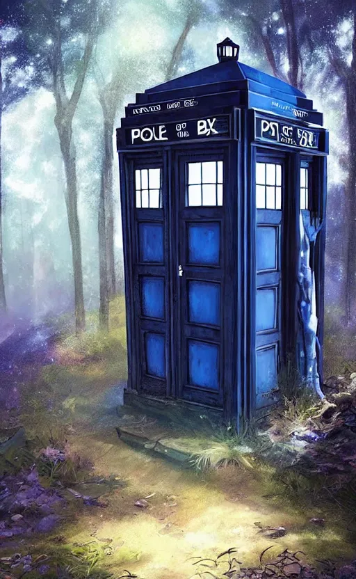 Image similar to a portrait of a tardis, in the woods, dynamic lighting, photorealistic fantasy concept art, trending on art station, stunning visuals, creative, cinematic, ultra detailed