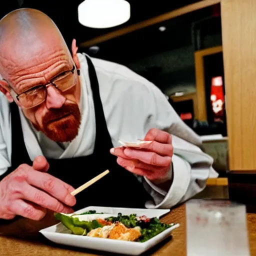 Prompt: walter white eating omakase at a sushi bar