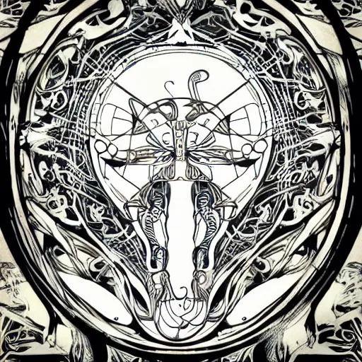 Image similar to a circular vector tattoo design in an art nouveau style, and in the style of h. r. giger.