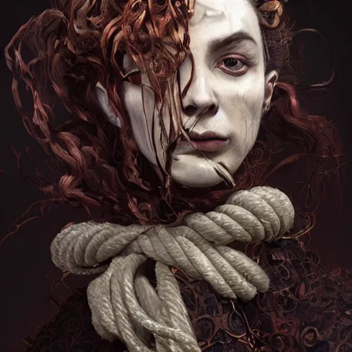 Image similar to portrait of a Shibari rope wrapped face and neck, headshot, insanely nice professional hair style, dramatic hair color, digital painting, of a old 17th century, old cyborg merchant, amber jewels, baroque, ornate clothing, scifi, realistic, hyperdetailed, chiaroscuro, concept art, art by Franz Hals and Jon Foster and Ayami Kojima and Amano and Karol Bak,