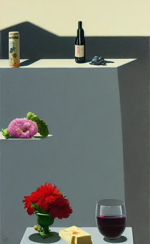 Image similar to an achingly beautiful still life featuring blooming flowers, tillamook cheese, and red wine , very coherent, painted by Edward Hopper, Wayne Barlowe, painted by James Gilleard, airbrush, art by JamesJean