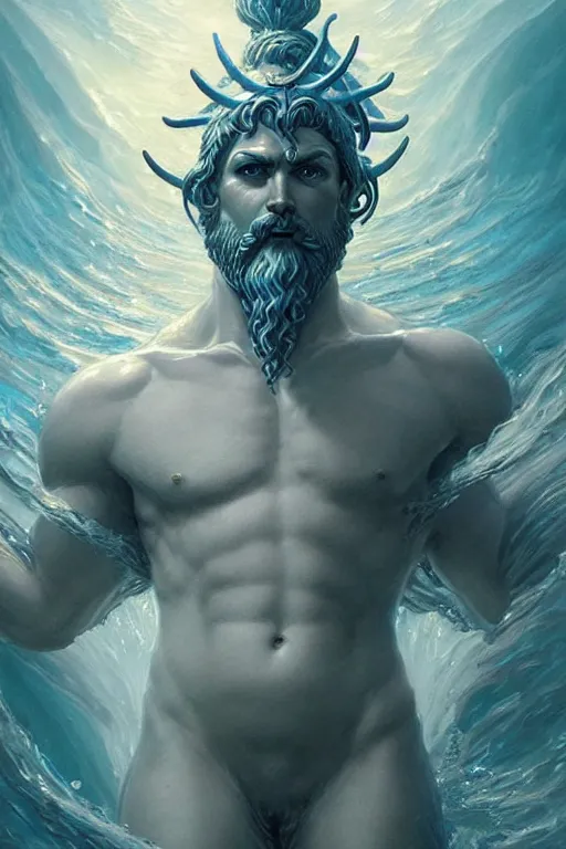 Image similar to poseidon humanoid god of the sea, trident, highly detailed, d & d, fantasy, highly detailed, digital painting, trending on artstation, concept art, sharp focus, illustration, art by artgerm and greg rutkowski and magali villeneuve