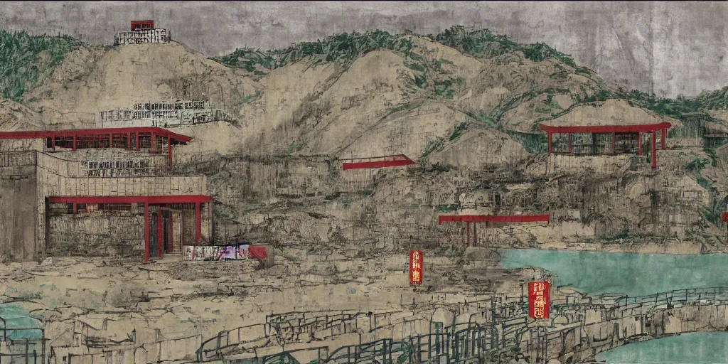 Image similar to a chinese prison near a river by peter doig, overlaid with chinese adverts