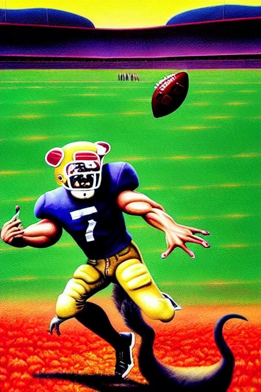 Image similar to a hyperrealistic painting of a chimeric creature scoring a touchdown on the foot ball field. cinematic horror by chris cunningham, lisa frank, richard corben, highly detailed, vivid color,