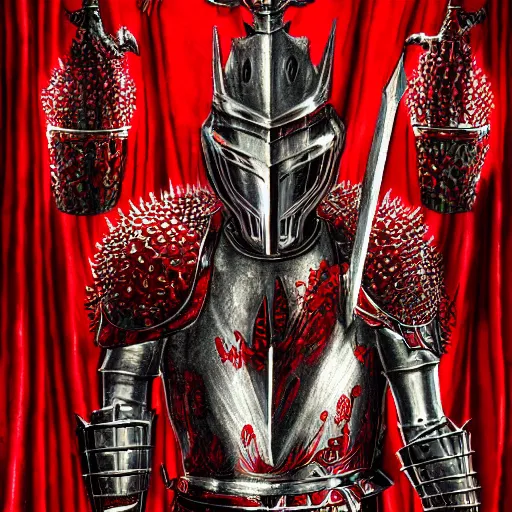 Image similar to red knight, fantasy art, located in a castle, legendary spiky armor, red sunlight through the window, decorated, high quality, highly detailed,