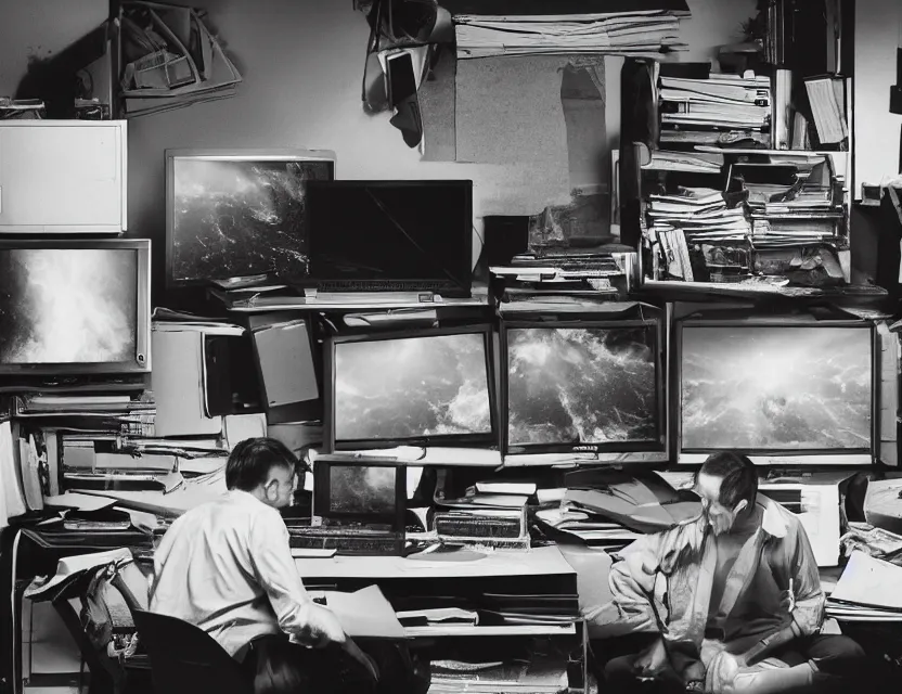 Image similar to a high resolution photo of a sad man in a messy office room with many screens photoshopping his own face while watching the collapse of the entire universe live stream on a vintage computer screen, storm, fire, earthquake, debris,