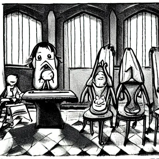 Prompt: a group of cartoon characters standing around a chair, a storybook illustration by tony diterlizzi, deviantart contest winner, gothic art, storybook illustration, official art, tarot card