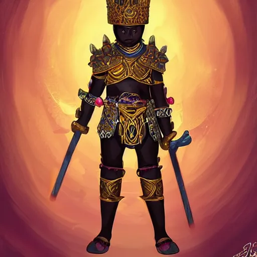 Image similar to a young black boy dressed like an african moorish warrior in gold armor and a crown with a ruby, posing with a very ornate glowing electric spear!!!! at night, for honor character digital illustration portrait design, by android jones in a psychedelic fantasy style, dramatic lighting, hero pose, wide angle dynamic portrait