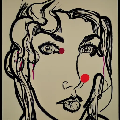 Prompt: beautiful female portrait line drawing by james jean, by andy warhol, by roy lichtenstein, by egon schiele