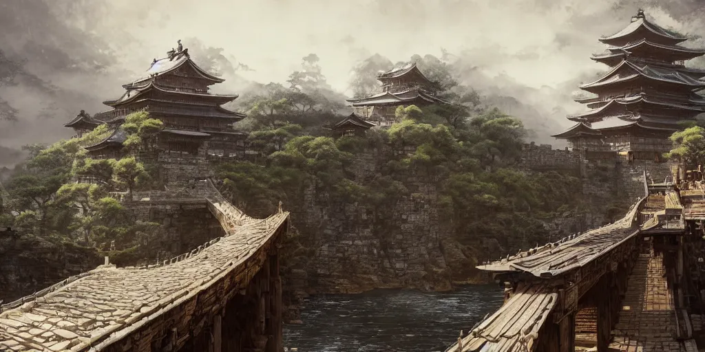 Image similar to japan middle age, giant fortress with cannons guarded by samurais, is built on a strong old wooden bridge, giant goddess with swords, morning, matte painting, concept art, james gurney, greg rutkowski, unreal engine, artstation, john howe