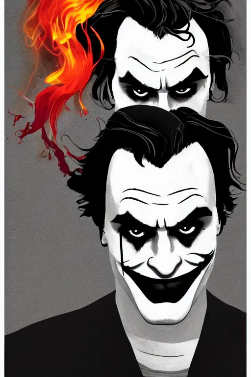 Image similar to joaquin phoenix joker issues 1, sadness, flame, red flower, copyright by dc comic, book cover, justify content center, delete duplicate content!, violet polsangi pop art, gta chinatown wars art style, bioshock infinite art style, incrinate, realistic anatomy, hyperrealistic, 2 color, white frame, content balance proportion