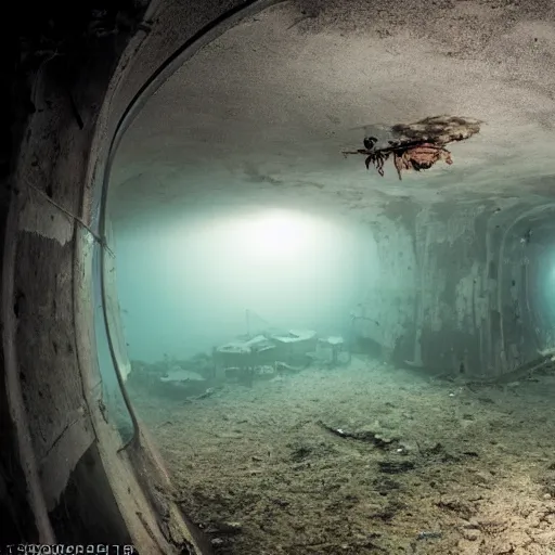 Image similar to photograph inside of an abandoned soviet submarine underwater overrun with strange translucent spiders, wide angle, dry ice, decay