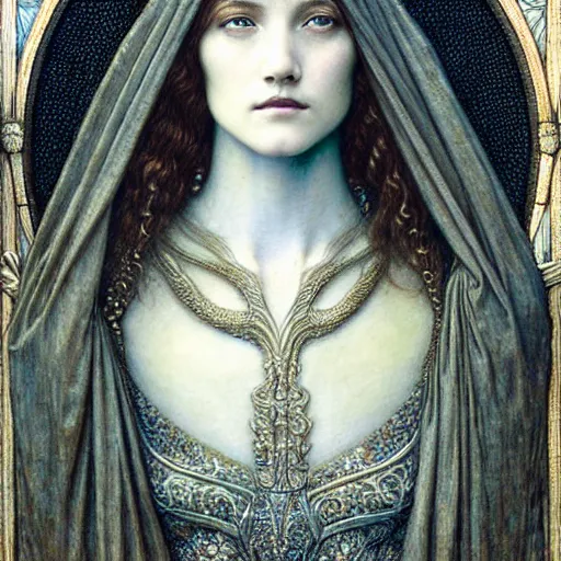 Image similar to detailed realistic beautiful young medieval queen face portrait by jean delville, gustave dore and marco mazzoni, art nouveau, symbolist, visionary, gothic, pre - raphaelite