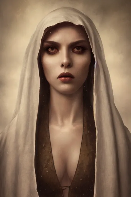 Prompt: Ultra realistic and ultra intricate detailed soft painting of a beautiful slim curvy female demonic nun in revealing religious dress, thin lustrous hair, symmetry features, sensual gloomy style, soft painting, volumetric clouds, fantasy background, artstation, Tom Bagshaw artstyle, unreal render, depth of field