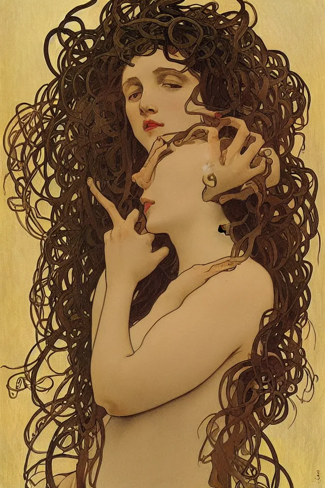 Prompt: a painting of medusa crying a full flood of tears by Alphonse Mucha