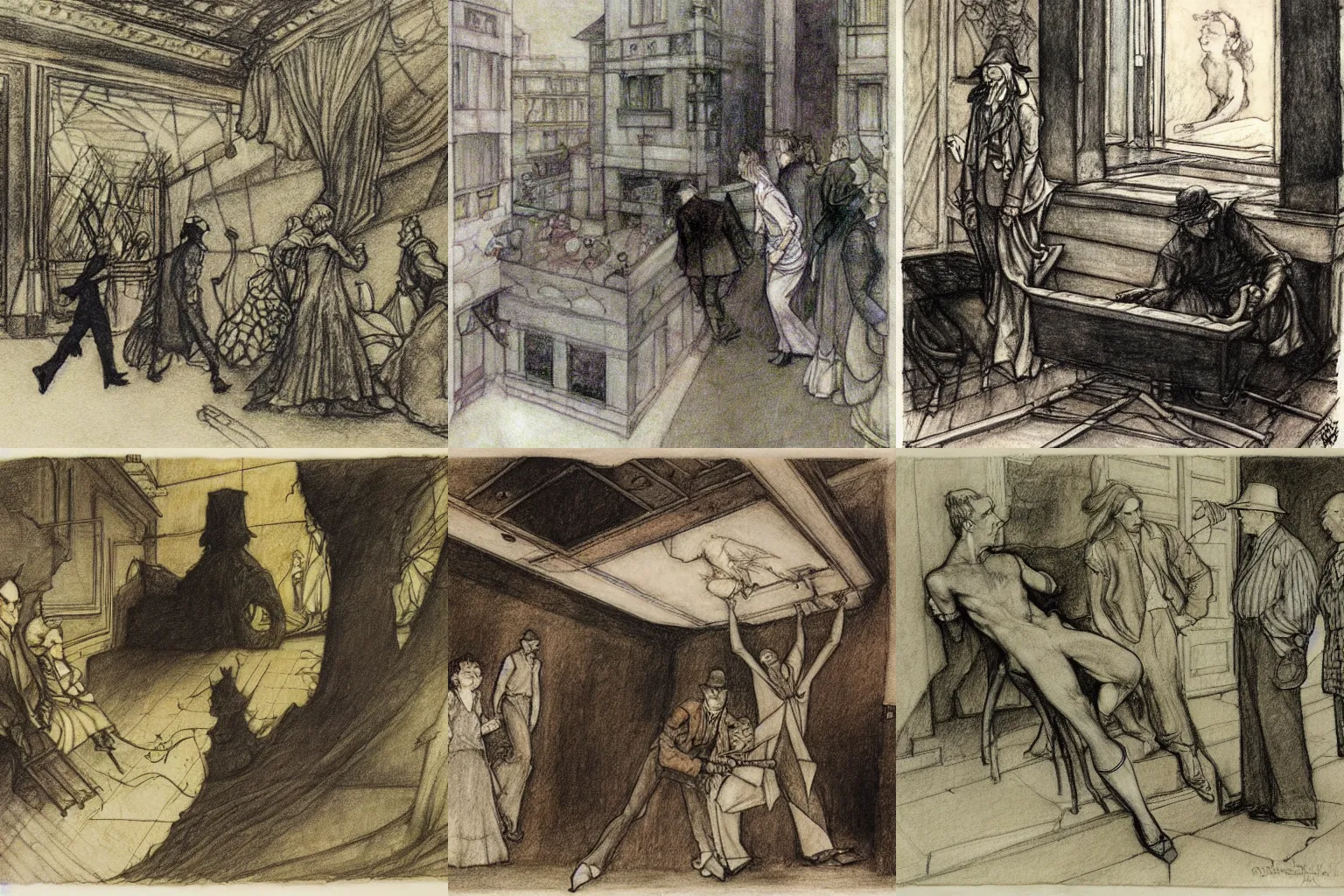 Prompt: a metaphor for the division and destruction of social order, pencil drawing by arthur rackham, edward hopper and milo manara