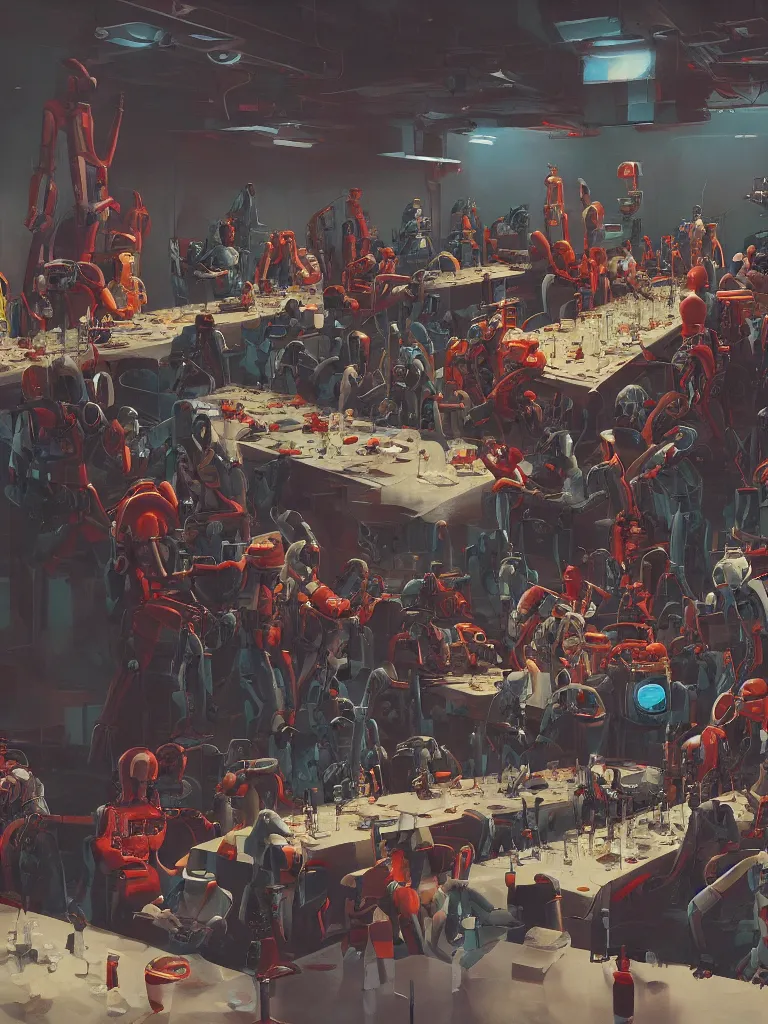 Image similar to a futuristic version of the last supper with punks, criminals and robots in a painting from stalenhag, 4 k, 8 k, hdr, artstation, concept art