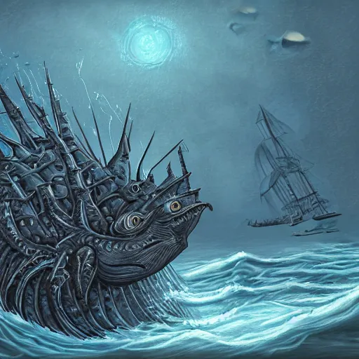 Prompt: sea monster looks like ship, deep dark sea, marine animal, highly detailed, digital painting