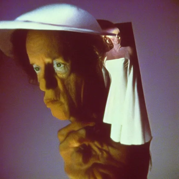 Image similar to polaroid photography, still from a 7 0's art house movie by alejandro jodorowsky, edward hopper and leonora carrington : : love, violence and surrealism, close - up view : : professional photograph, cinestill 8 0 0 tungsten 3 5 mm, high quality, triadic color scheme