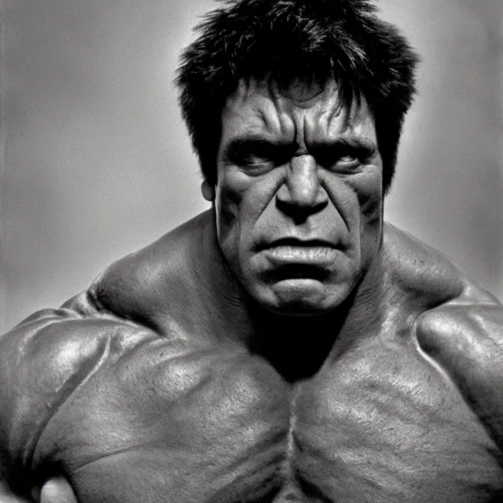 Image similar to a color photo portrait of the incredible hulk looking angry in new york city by richard avedon dramatic lighting.