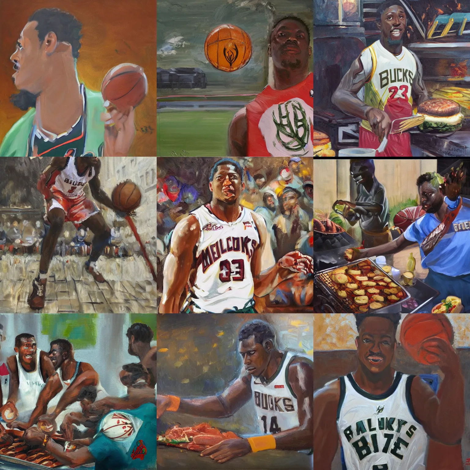 Prompt: portrait of milwaukee bucks jrue holiday grilling burgers, oil on canvas painting by william sidyney mount, 1 9 3 3, trending on artstation