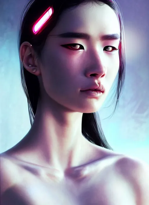 Image similar to photorealistic portrait of oriental female humanoid, freckle cheek, cyber neon lightings, highly detailed, cyberpunk high fashion, elegant, crispy quality, trending in artstation, trending in pinterest, glamor pose, no signature, no watermark, cinematic, octane render, art by artgerm, art by greg rutkowski, art by pascal blanche