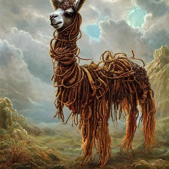 Image similar to llama with dreadlocks, by mandy jurgens, ernst haeckel, james jean. in the style of industrial sci - fi