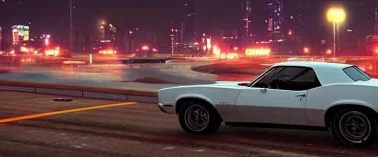 Image similar to Ermine White Chevrolet Camaro Z28 Convertible (1967), red interior, a gritty neo-noir, dramatic bright lighting, cinematic, establishing shot, extremely high detail, photorealistic, cinematic lighting, artstation, by simon stalenhag, Max Payne (PC) (2001) winter new york at night