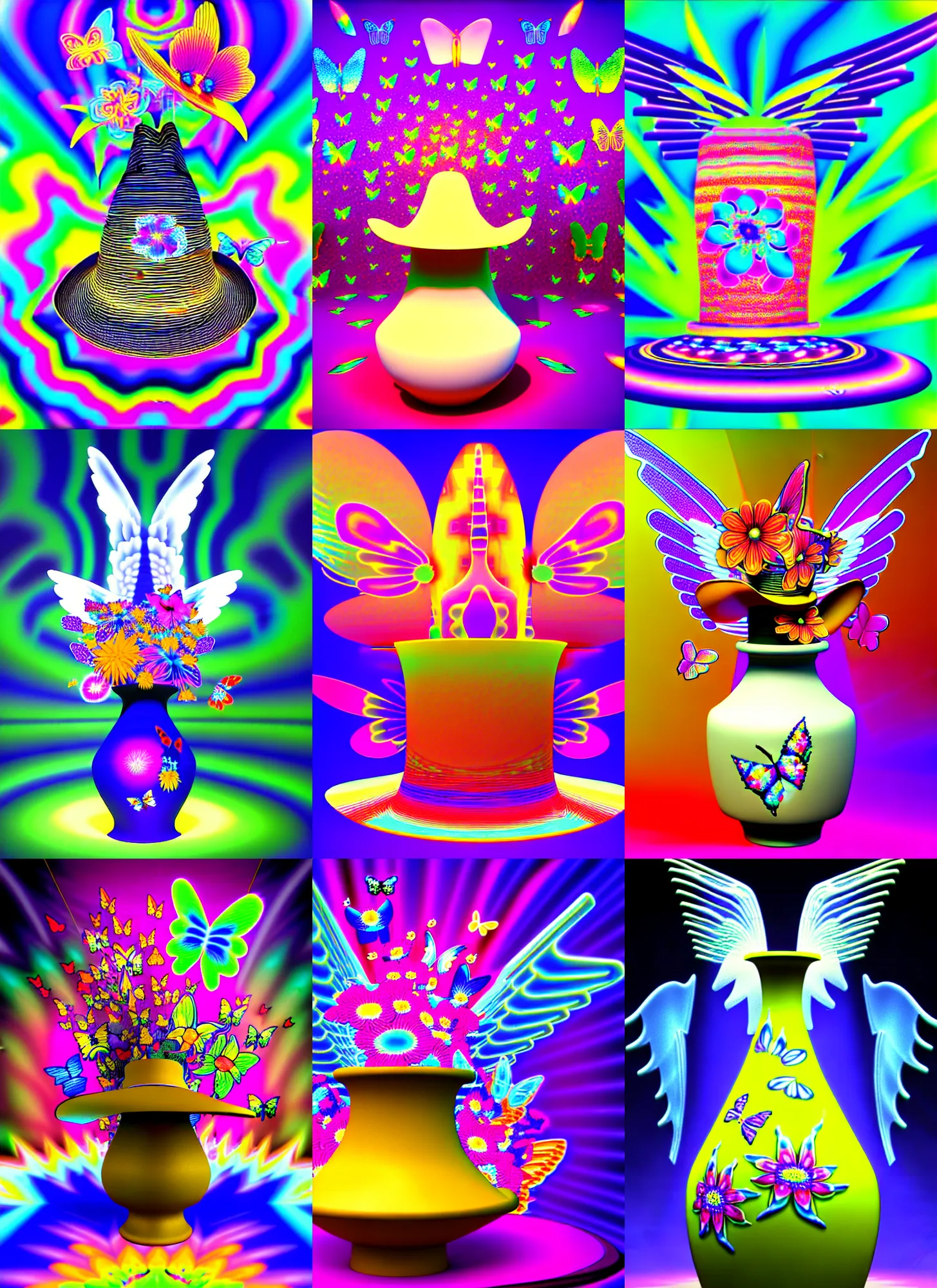 Prompt: lightwave silicon graphics render by ichiro tanida of chibi flower vase wearing a big cowboy hat and wearing angel wings against a psychedelic acid background with rendered butterflies and maya rendered flowers in the style of early three dimensional computer graphics, sgi iris graphics