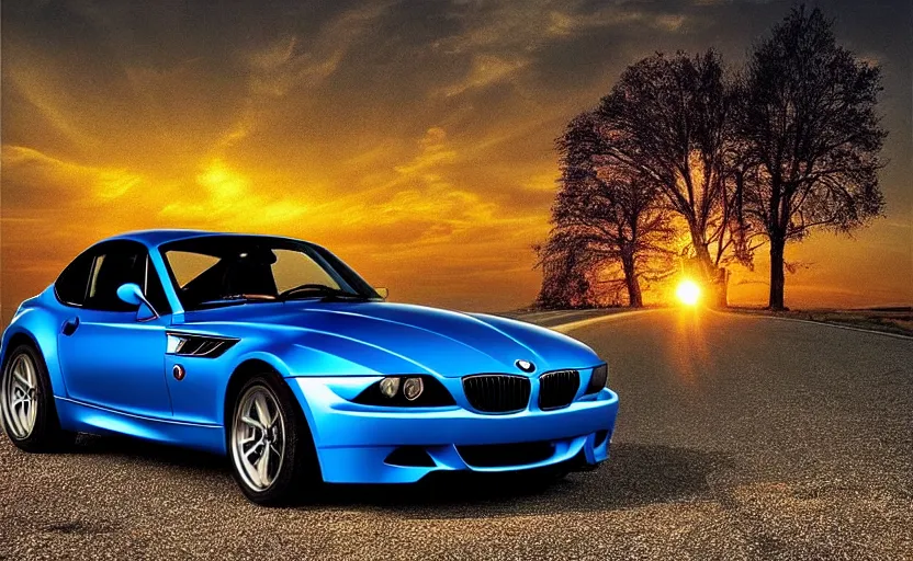 Prompt: “Beautiful Blue BMW Z3 driving fast on country road. Wheels rotating. Sunset background. Advertisement. Motion blur, high detail, zoomed in, fish eye lense. Artstation. Cinematic lighting.”