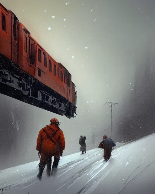 Prompt: a highly detailed epic cinematic concept art CG render digital painting artwork: Railroad in snowy landscape of Siberia and worker in orange west. By Greg Rutkowski, in the style of Francis Bacon and Syd Mead and Norman Rockwell and Beksinski, open ceiling, highly detailed, painted by Francis Bacon and Edward Hopper, painted by James Gilleard, surrealism, airbrush, Ilya Kuvshinov, WLOP, Stanley Artgerm, very coherent, triadic color scheme, art by Takato Yamamoto and James Jean