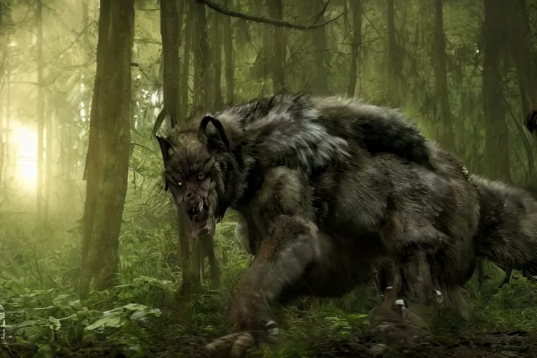 Image similar to vfx movie closeup detailed ancient warrior orc hunting wolf in the forest, natural lighting by emmanuel lubezki