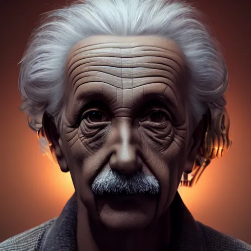Image similar to portrait ethereal biomechanical android albert einstein with incredible technological hair, masterpiece crystalline incrustations, hyper - detailed face, elegant posed, intricate, octane render, cinematic lighting, cgsociety, unreal engine,