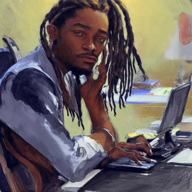 Prompt: a jamaican male with medium length locs, holding a sony camera, sitting at a computer desk, portrait, elegant, intricate, digital painting, artstation, concept art, smooth, sharp focus, illustration, art by konstantin korovin and daniel f. gerhartz and john howe