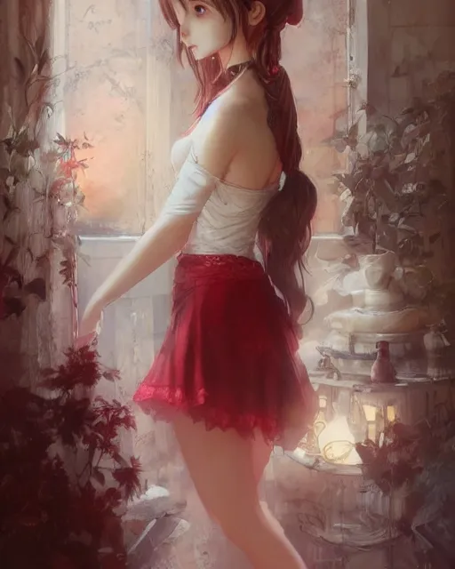 Image similar to aerith gainsborough in red lace skirt, portrait, illustration, rim light, top light, perfectly shaded, soft painting, art by krenz cushart and wenjun lin