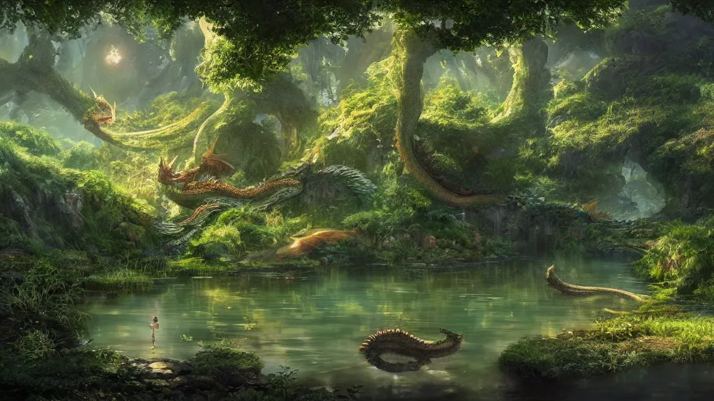 Image similar to a ultradetailed beautiful matte painting of a peaceful pond with a clear water where a majestuous dragon with intricate green scale is peacefully sleeping, dynamic lighting, cinematic lighting, lit by morning light, by krenz cushart and artgerm, unreal engine, featured on artstation