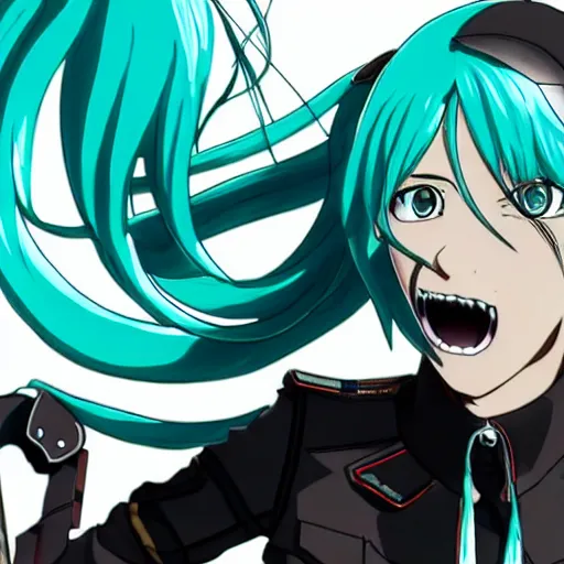 Prompt: hatsune miku as a titan in attack on titan