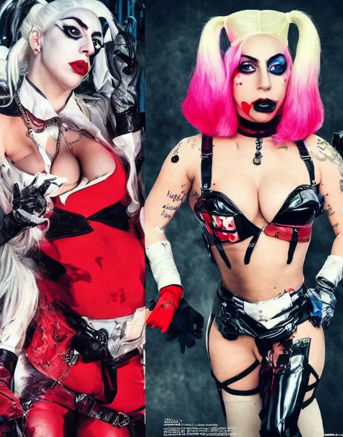Prompt: lady gaga as harley quinn, insane details, thicc body, skintight outfit, movie poster