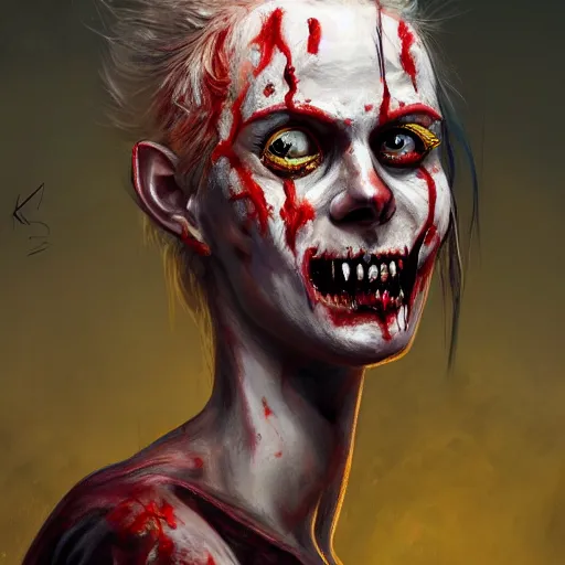 Image similar to color head portrait of katarina radivojevic grinning as a zombie, 7 days to die zombie, gritty background, fine art, award winning, intricate, elegant, sharp focus, cinematic lighting, digital painting, 8 k concept art, art by michael hussar, art by brom, art by guweiz and z. w. gu, 8 k