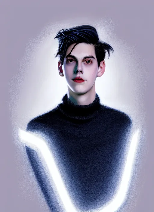 Image similar to portrait of teenage jughead jones wearing a light grey crown, crown, blue turtleneck, closed eyes, photorealistic, black hair, glowing lighting, intricate, elegant, glowing lights, highly detailed, digital painting, artstation, concept art, smooth, sharp focus, illustration, art by wlop, mars ravelo and greg rutkowski