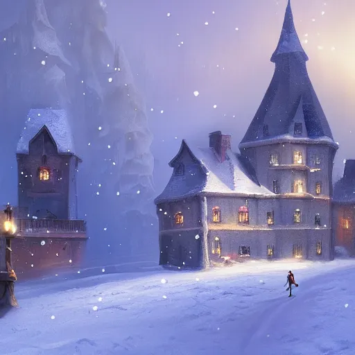 Image similar to woman running Evil castle in the snow, inspired by Evgeny Lushpin,George, greg rutkowski winter,nighttime,cinematic,art station