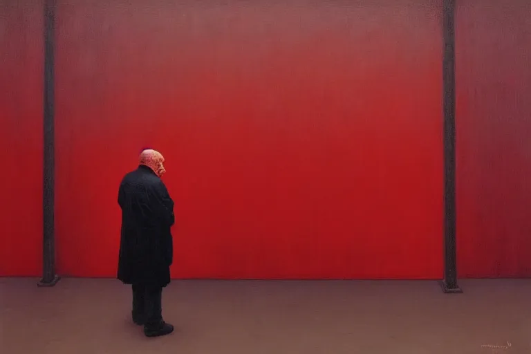 Image similar to only with red, a red old man try to sell a portrait, in a square, crowd cheers, in the style of beksinski, parts by edward hopper, parts by rodcenko, parts by yue minjun, intricate and epic composition, red by caravaggio, insanely quality, highly detailed, masterpiece, red light, artstation, 4 k