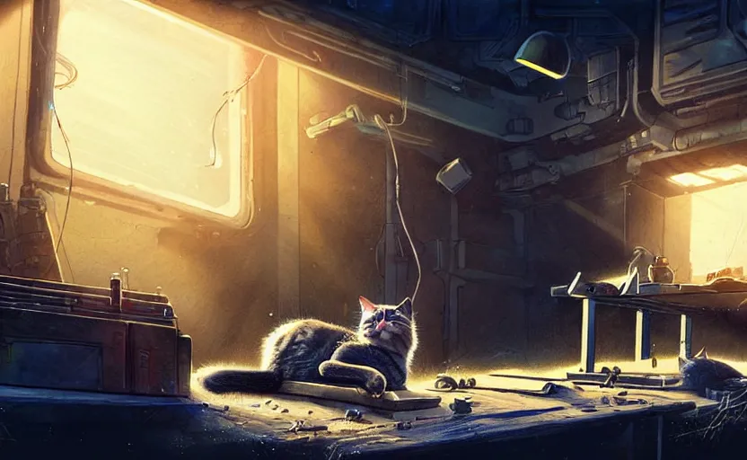 Prompt: a cat sleeping on a mechanics workbench, space opera and dystopian style, d & d, fantasy concept art, global illumination, interesting composition, volumetric lighting, art by enki bilial, highly detailed