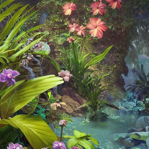 Prompt: tropical leaves, flora and fauna and flowery rocks closeup by rippling blue water, path traced, environment, highly detailed, concept art, realistic, up close shot shinji aramaki, karol bak, alphonse mucha