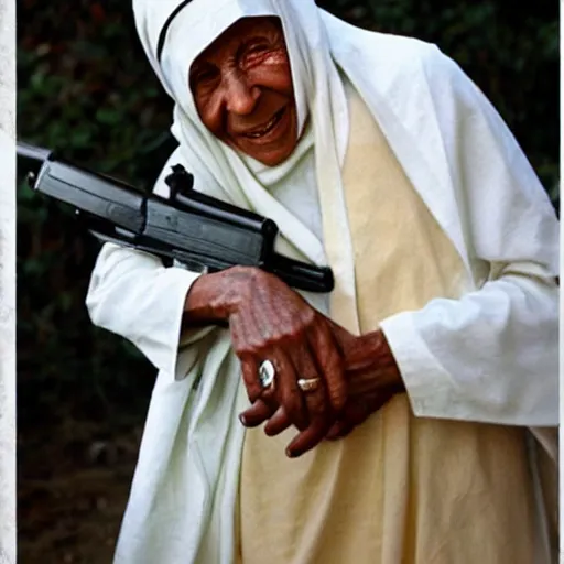 Prompt: Mother Theresa with an AK-47