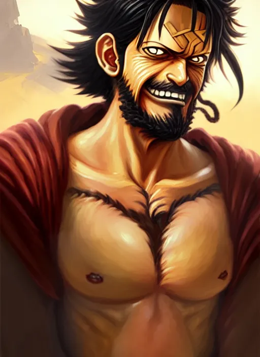 Image similar to luffy as _ fantasy _ style _ portrait _ painting _ of middle eastern male brown wavy hair beard, rpg dnd oil _ painting _ unreal _ 5 _ daz. _ rpg _ portrait _ extremely _ detailed _ artgerm _ greg _ rutkowski _ greg