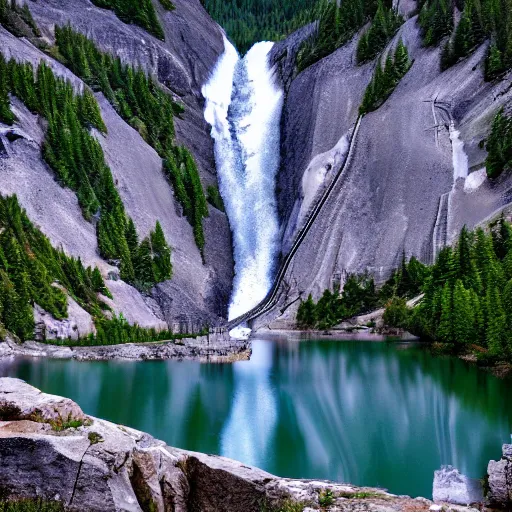 Image similar to A stone lake dam high in the mountains. The dam exploded in the middle creating a waterfall that overflows the river below. .Fantasy, concept art, sharp focus, artstation