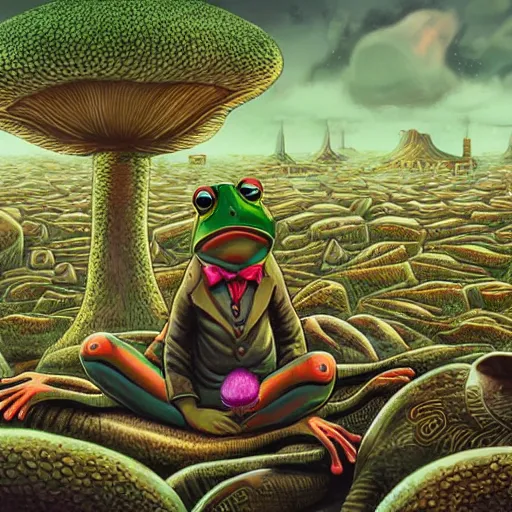 Image similar to A centered chest up portrait of a psychedelic godlike anthropomorphic frog smoking a hand-rolled cigarette , magic mushroom village in background . award winning. superb resolution. in the art style of junji Ito and greg rutkowski . Detailed Mushroom city in background. Hyper realistic anime. Perfect art. Dalle2